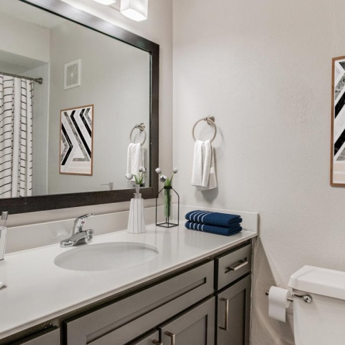 a bathroom with a large mirror