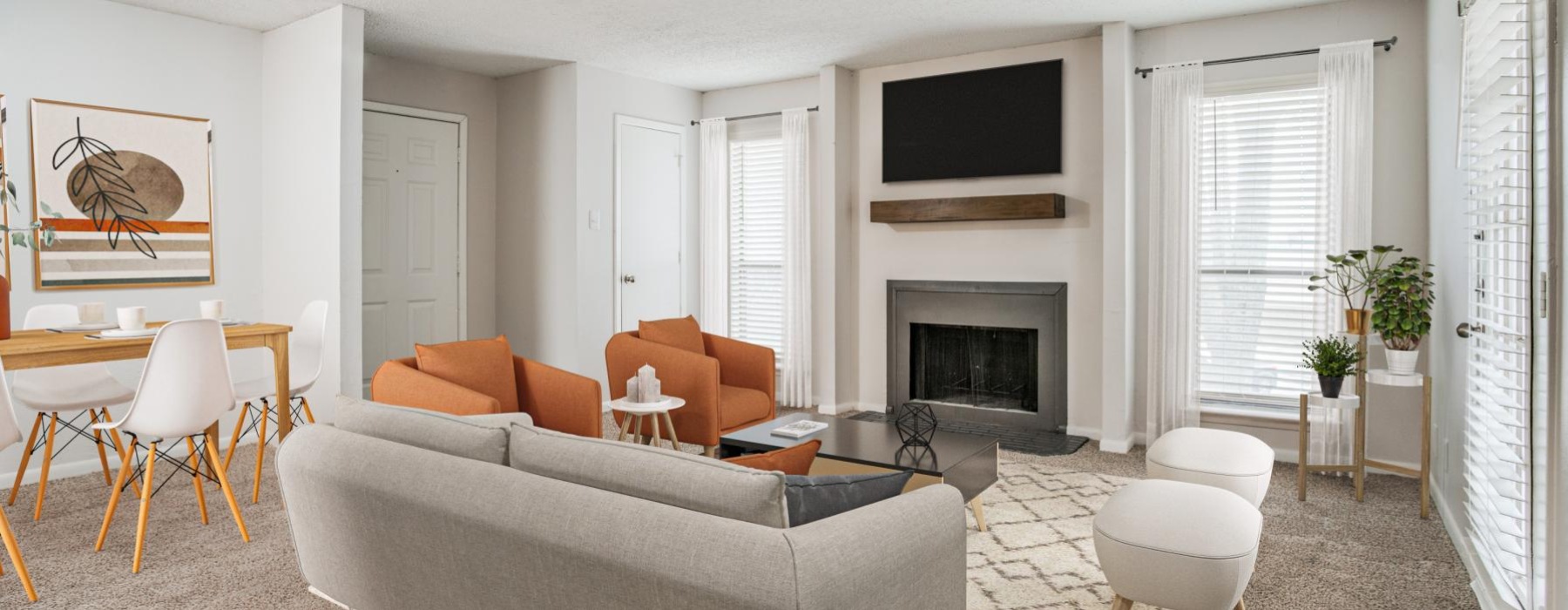 a living room with a fireplace